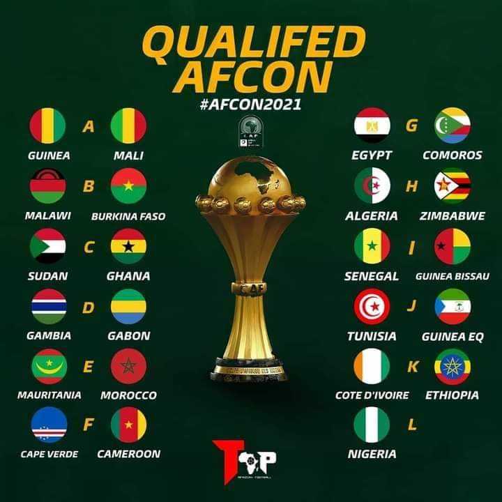 AFCON 2021 Qualified Teams
𝐂𝐄𝐂𝐀𝐅𝐀 (𝐄𝐚𝐬𝐭 𝐀𝐟𝐫𝐢𝐜𝐚)
Ethiopia 🇪🇹
𝐂𝐎𝐒𝐀𝐅𝐀 (𝐒𝐨𝐮𝐭𝐡 𝐀𝐟𝐫𝐢𝐜𝐚)
Zimbabwe 🇿🇼
Malawi 🇲🇼
Comoros🇰🇲
𝐔𝐍𝐀𝐅 (𝐍𝐨𝐫𝐭𝐡 𝐀𝐟𝐫𝐢𝐜𝐚)
Algeria 🇩🇿
Tunisia 🇹🇳
Egypt 🇪🇬
Maroc 🇲🇦
Sudan 🇸🇩
𝐔𝐍𝐈𝐅𝐅𝐀𝐂 (𝐂𝐞𝐧𝐭𝐫𝐚𝐥 𝐀𝐟𝐫𝐢𝐜𝐚)
Cameroon 🇨🇲 (Hosts)
Equatorial Guinea 🇬🇶
Gabon 🇬🇦
𝐖𝐀𝐅𝐔 (𝐖𝐞𝐬𝐭 𝐀𝐟𝐫𝐢𝐜𝐚)
Senegal 🇸🇳
Mali 🇲🇱
Burkina Faso🇧🇫
Guinea 🇬🇳
Gambia 🇬🇲
Ghana 🇬🇭
Guinea Bissau 🇬🇼
Ivory Coast 🇨🇮
Nigeria 🇳🇬
Mauritania🇲🇷
Cape Verde 🇨🇻
Sierra Leone 🇸🇱/Benin 🇧🇯
#western12, #norther5, #central3, #east1 #south3