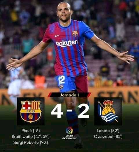 #laliga 
1eJ 
Le #fcbarcelone débute par un carton. 
 
Les #catalans ont atomisé leur adversaire du jour sur le score de (4-2; avec un Braithwaite tout 🔥 tout flamme).Le Danois et attaquant du club s'est offert un doublé.