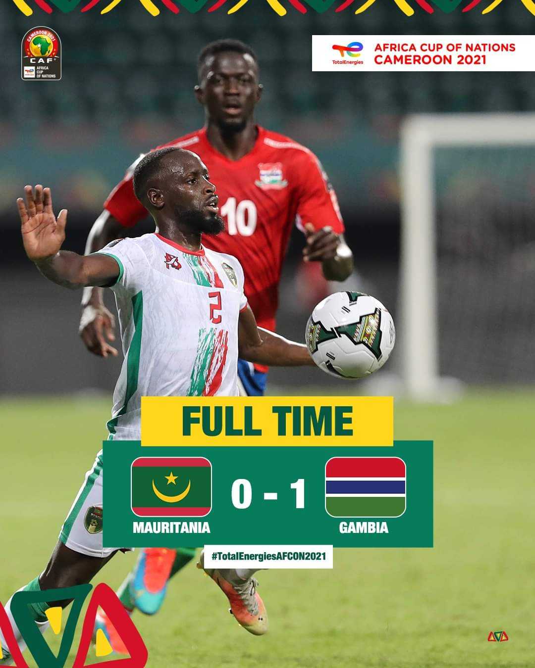 FULL-TIME! ⏰ 
 
#teammauritania 0️⃣-1️⃣ #teamgambia 
 
A remarkable night for the Scorpions who seal their first-ever #totalenergiesafcon victory courtesy of an Ablie Jallow stunning strike! 🦂 🇬🇲  
 
#totalenergiesafcon2021 | #afcon2021 | #mtngmb