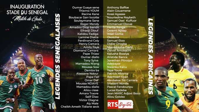 [Sénégal] 
Ce mardi, le #senegal va inaugurer son nouveau stade avec le match des légendes. Celles du Sénégal seront face à celles de l'#afrique. Voici la liste complète des joueurs qui seront présents demain dans ce joyau architectural.