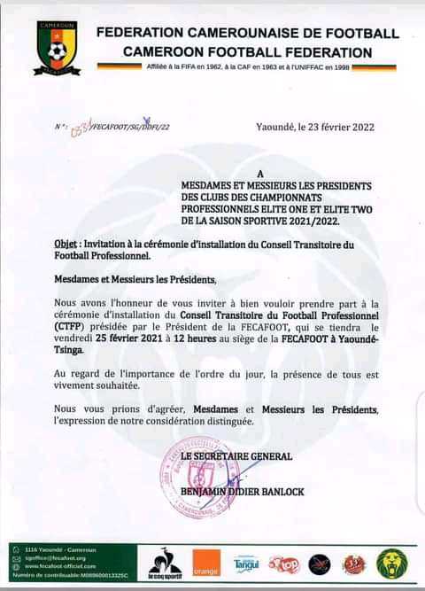 [Ligue de football Professionnel Cameroun] 
 
#semengue 
#conseiltransition  
 
Installé ce vendredi à Yaoundé .@M.A
