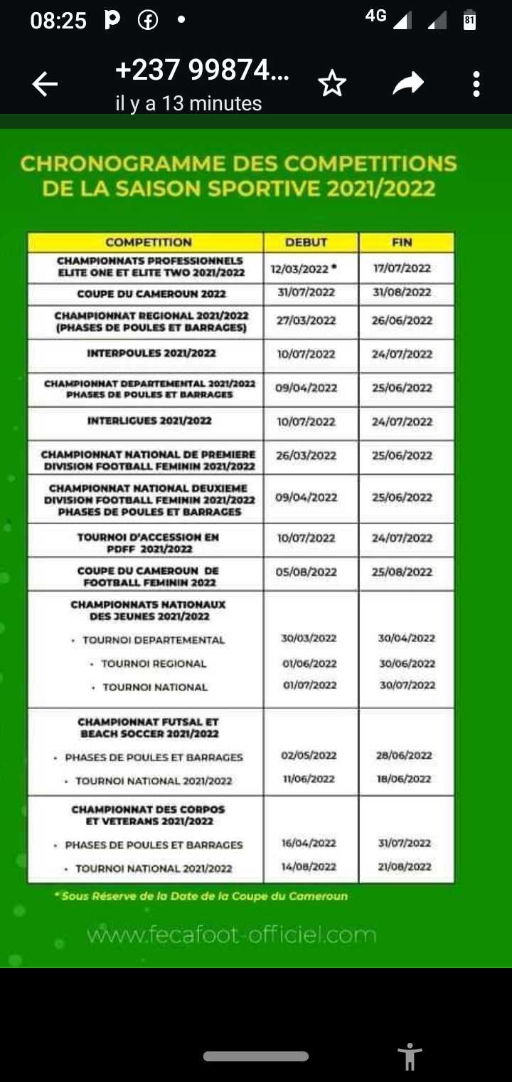 Chronogramme de  l'année sous réserve de la finale de la coupe du Cameroun