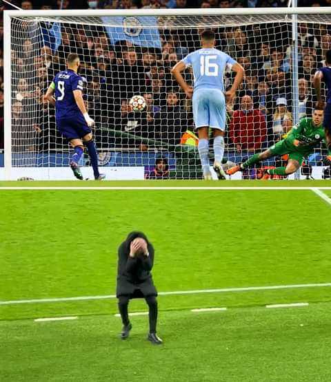 [Ligue des champions] 
#realmadrid 
#benzema 
#guardiola 
La tête que fait le technicien espagnol de City après la Panenka du français en 1/2 finale.