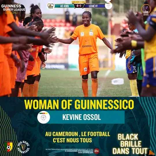 [Ligue de Football Féminin] 
#guinesssuperleague 
#awafc 
#femmedumatch 
La lionne Ossol marque des points pour son retour. 
 
Grâce a son triplé dans la victoire de son équipe,elle empoche le prix offert par Guiness .Kevine fait partie des joueuses locales qui ont participé à la dernière CAN Féminine Maroc.
