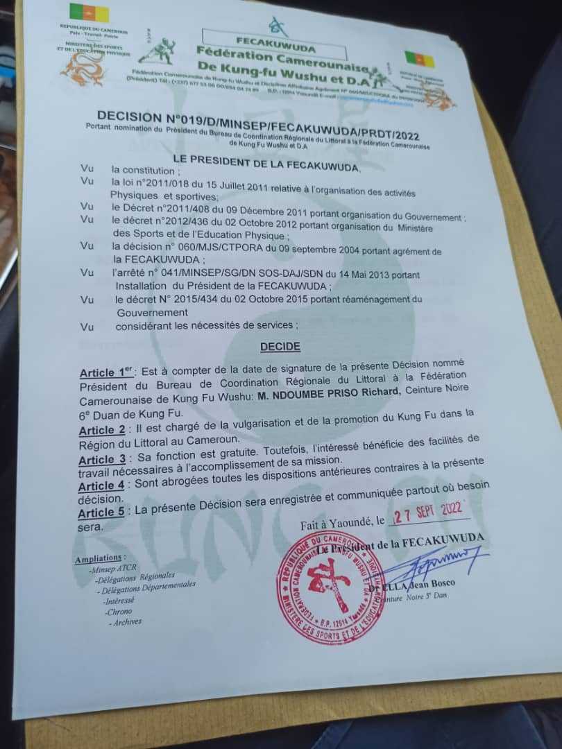 [Fecakunfu] 
#nommination 
#regionlittoral 
Me Zoé est le nouveau patron du Kunfu Wushu dans le littoral. 
 
Ses missions sont contenues dans ce document qui le place à la tête de la région .
