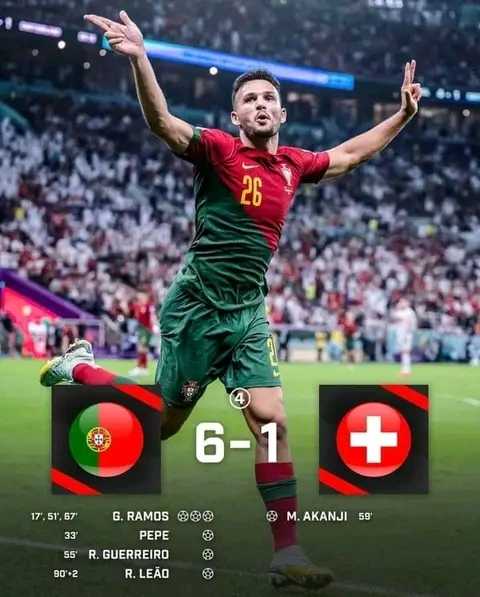 Le banc de #cristiano#ronaldo a été pleinement justifié puisque son remplaçant #goncalo#ramos a réussi un triplé pour guider le Portugal vers les quarts de finale de la Coupe du monde grâce à une démolition 6-1 de la Suisse. Gonçalo Ramos a marqué plus de buts pour le Portugal en huitièmes de finale de la Coupe du monde après 17 minutes (1) que Cristiano Ronaldo en 514 minutes disputées en huitièmes de finale de la compétition (0). 😌☑️Justifié.