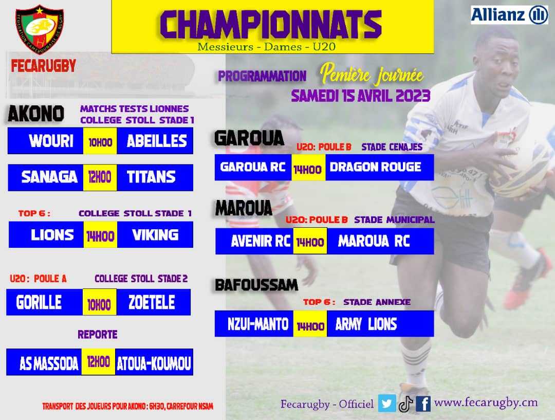 Rugby: voici les combinaisons de la première journée du championnat U20. Le lancement a lieu ce samedi à travers 4 villes du pays.  
 #fecarugby  #u20championship  
 @Geleme2