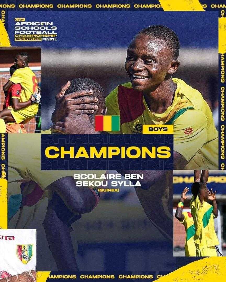 Championnat d'Afrique scolaire : La Guinée 🇬🇳 sacrée Championne d'Afrique. Les représentants guinnéens le Complexe Scolaire Ben Sekou Sylla se sont imposés aux tirs aux buts en finale face à l'Afrique du Sud.  
#cafscholar 
#teamguinea 
#caf 
@Geleme2