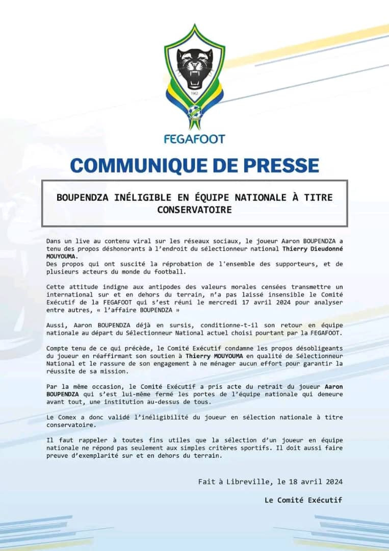 Gabon: A.Boupendza suspendu par la Fegafoot.
