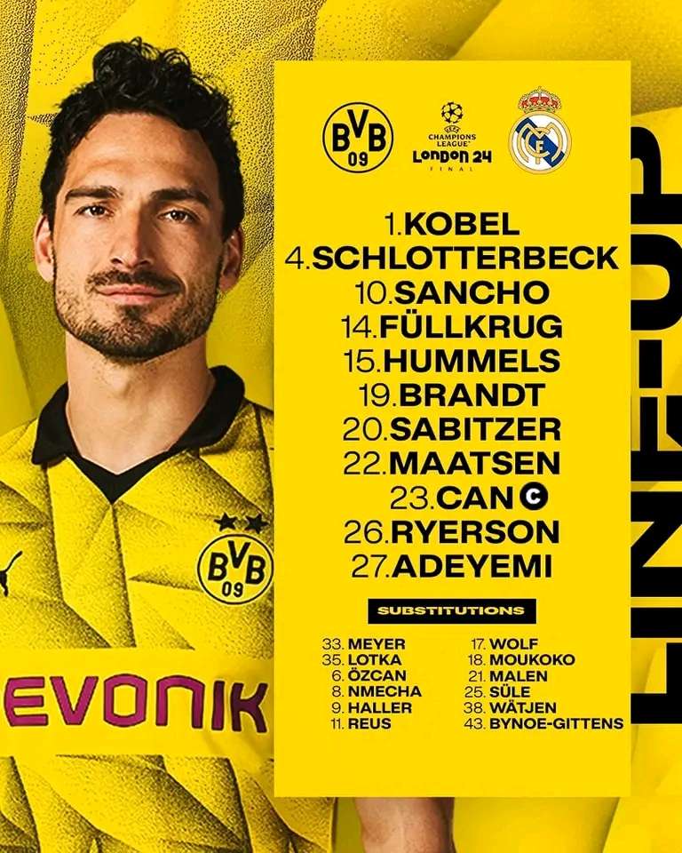 UCL Final: Dortmund Starting XI