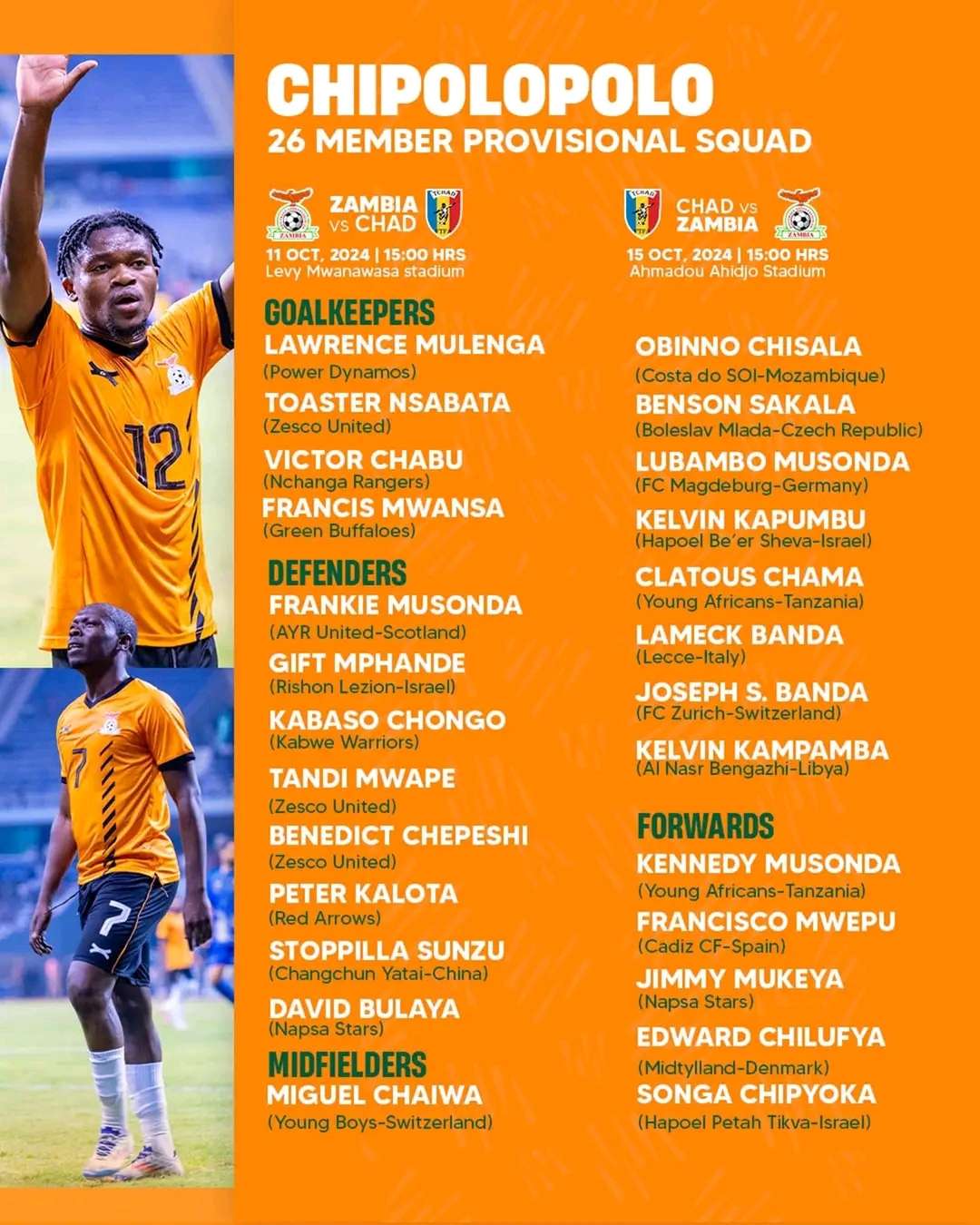 AFCON Q: Zambia Unveils Squad For Chad Games