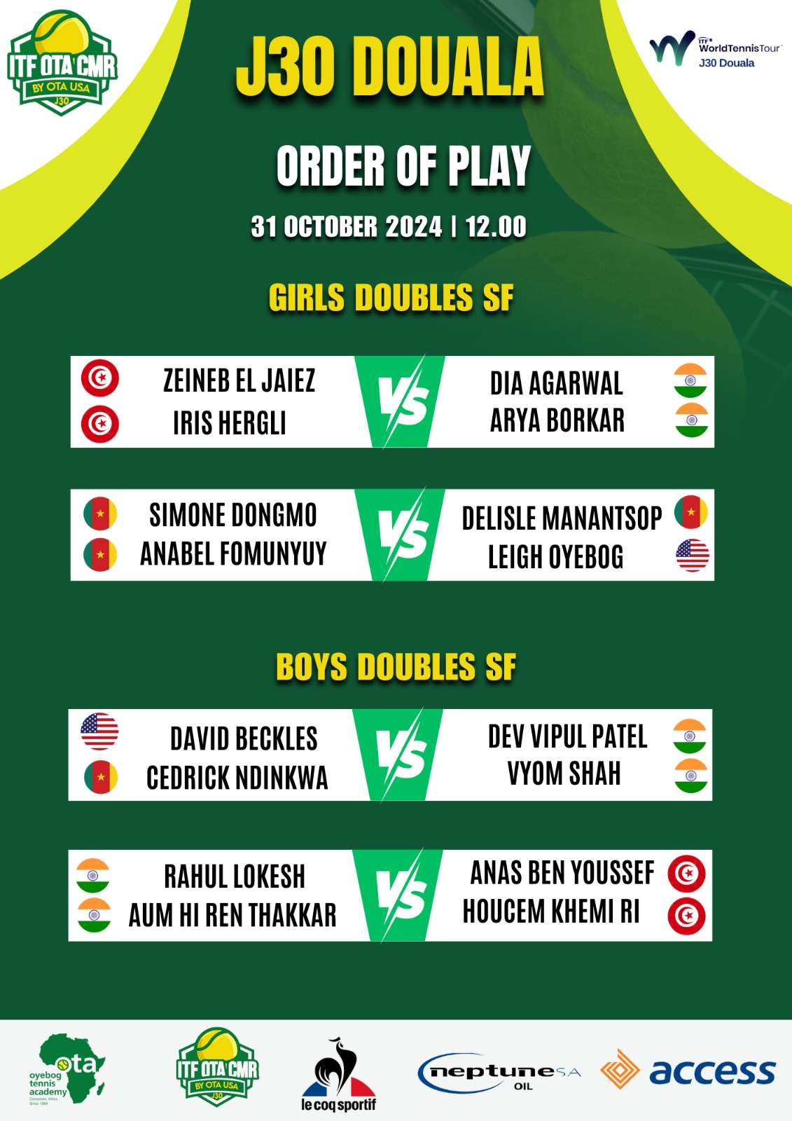 Itf J30, le programme de ce 31 octobre est connu