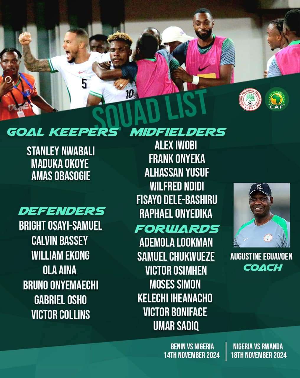 Nigeria Squad For Benin and Rwanda Clash