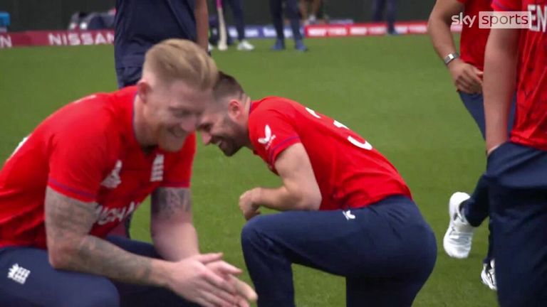 Ben Stokes knocks Mark Wood off his chair at team photo shoot!