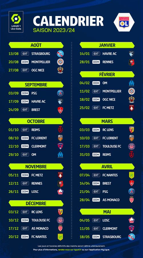 Lyon en Ligue 2, calendrier de la saison à venir