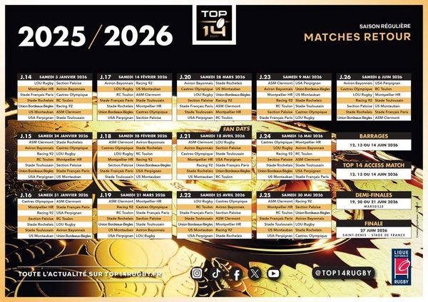 Calendrier Top 14 2025-2026 : Racing 92 et Stade Français